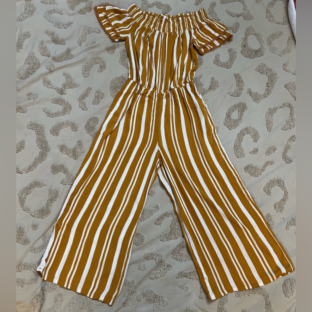 💥 2/$15!! Xhilaration Mustard Yellow Striped Off-Shoulder Wide Leg Romper